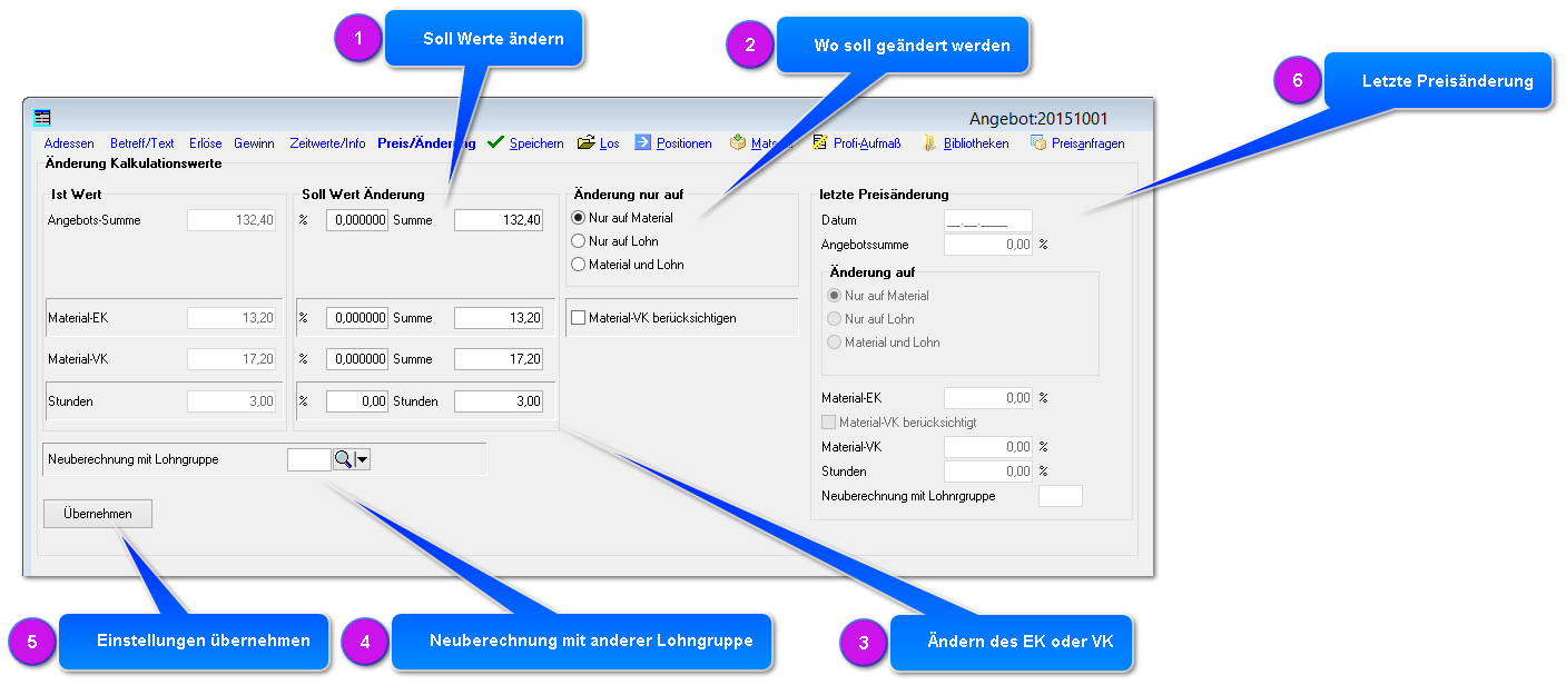 Änderung Kalkulationswerte 